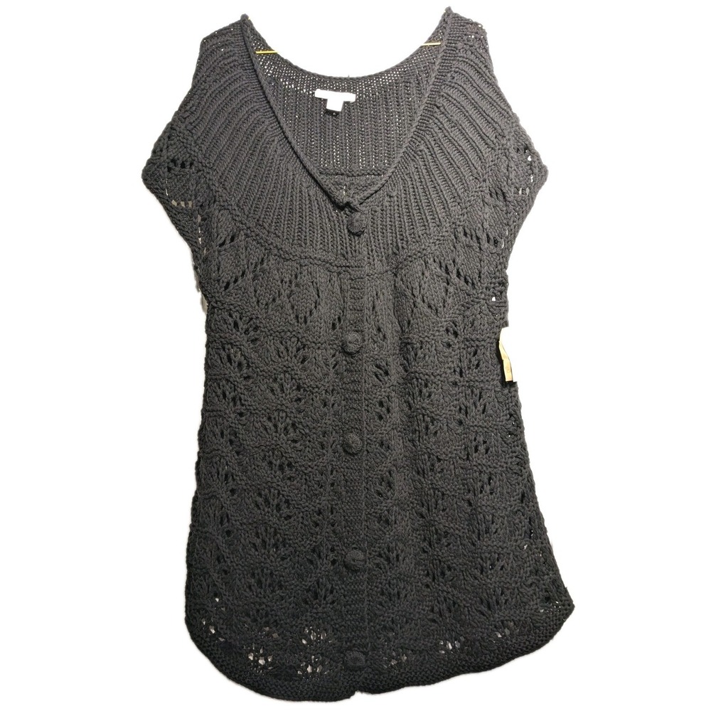 Coldwater Creek Sweater Vest Women 2X 20-22 Blk Crochet Button Front V Neck NWT